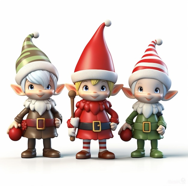 three elves are standing next to each other in christmas hats generative ai