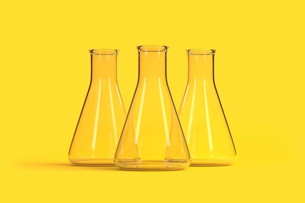 Three empty erlenmeyer flask on yellow background Chemistry flask Laboratory glassware equipment 3D