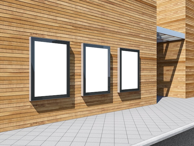 看板の3Dレンダリングを宣伝するショッピングモールの木製の壁に3つの空のライトボックスモックアップ