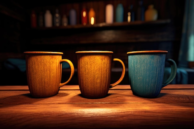 Three empty mugs in a row large medium small on a cozy table