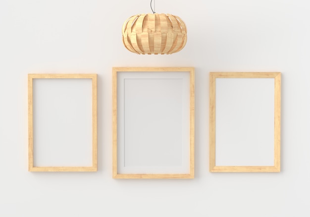 Three empty photo frame for  in empty white room, 3D render, 3D 