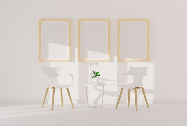 Three empty photo frame for mockup in modern living room