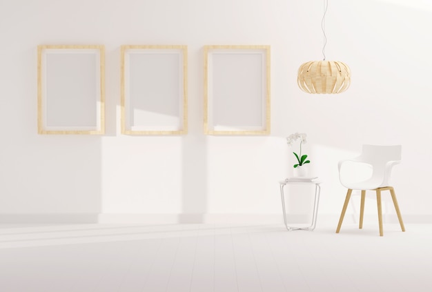 Three empty photo frame for mockup in modern living room