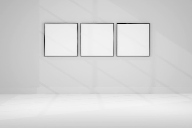 Three empty photo frames hanging on house wall realistic mockup\
set of blank picture te