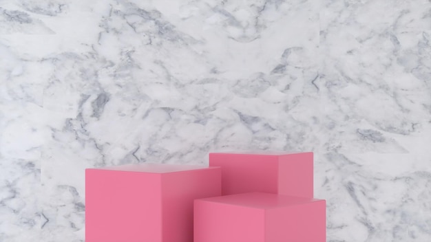 Three empty Pink stands and abstract Marble geometry background Premium Photo