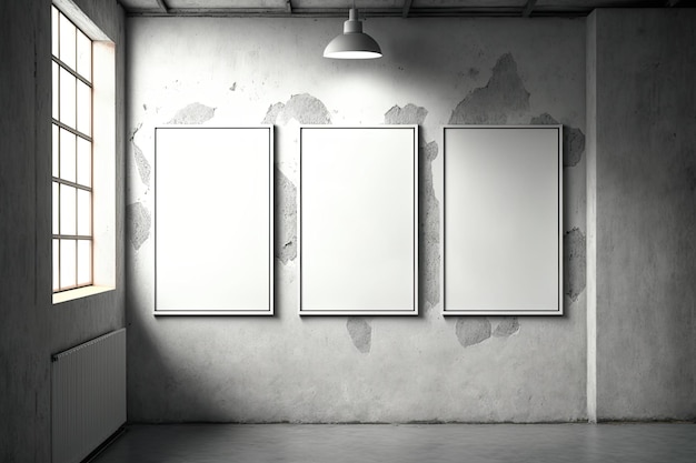 세 개의 빈 포스터가 콘크리트 방을 장식합니다. Artbased 마케팅 알림