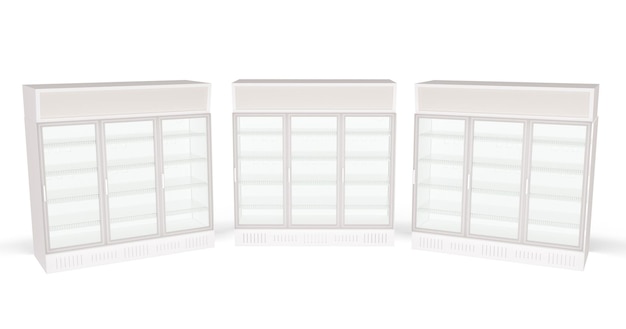 Photo three empty showcase refrigerators with three glass doors inside of the supermarket 3d illustration