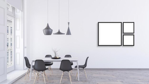 Photo three empty square black frames mockup design in a bright dining room 3d illustration.