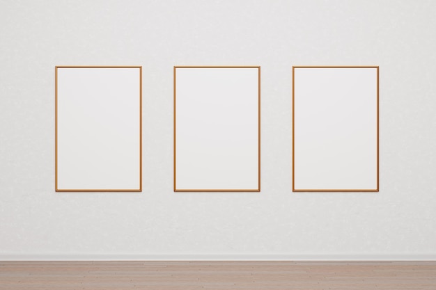 Three empty wooden frames for a photo or picture on a white wall Mockup paintings posters photographs Design template for layout 3D rendering