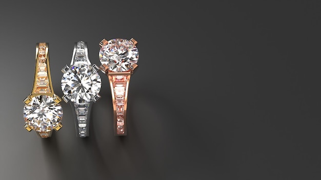 Three engagement ring in rose gold and silver platinum metal color