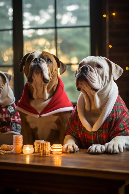 Фото Три английских бульдога в рождественских нарядах сидят за столом, украшенным свечами и печенье.
