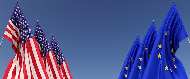 Three EU and USA flags on flagpoles on the sides Flags on a blue background Place for text United States of America European Union Commonwealth 3D illustration