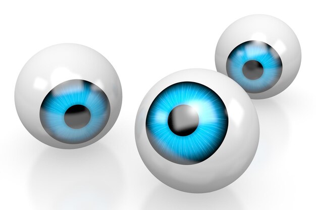 Three eyeballs with blue iris isolated on white background 3D illustration