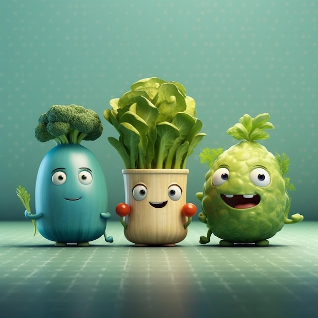 three faces of broccoli, one of which has a face on it.