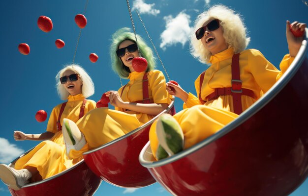 Three Fashion girls in yellow dresses are swinging on swings