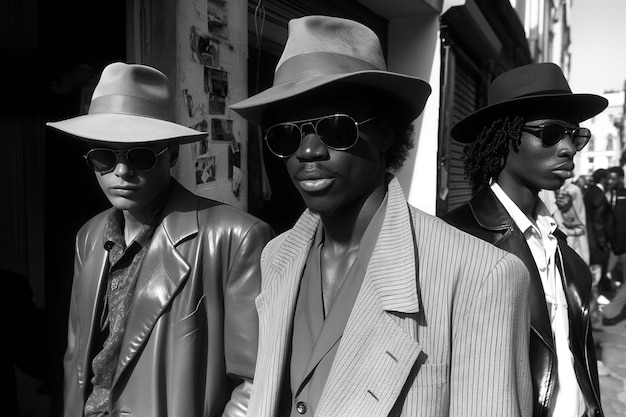 사진 세 명의 세련된 세련된 젊은 남성이 모자와 선글라스를 입고 1980 년대의 레트로 스타일의 도시 거리에서 빈티지 흑백 영화 스캔을합니다.