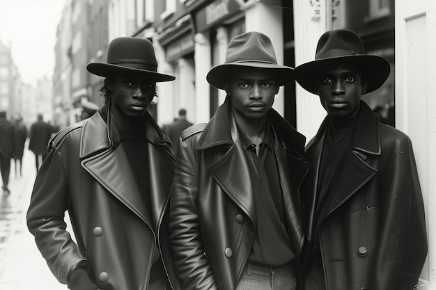 Foto tre giovani uomini neri di moda con cappotto di pelle e cappello su una strada in città in stile retro degli anni '70 vintage sepia film scansione