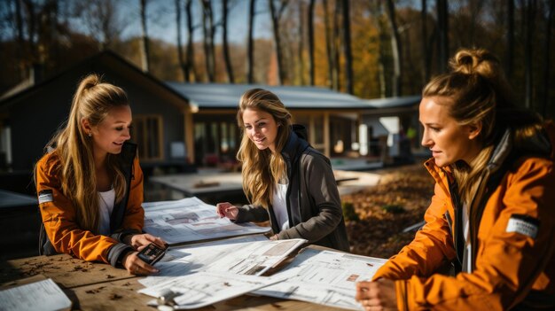 Three female architects working on a construction plan at a construction site