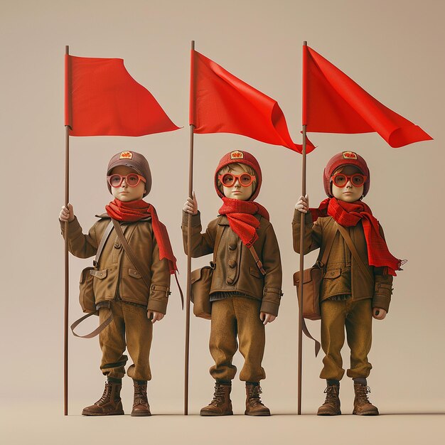 Photo three figures with red flags and one with the number 5 on the front