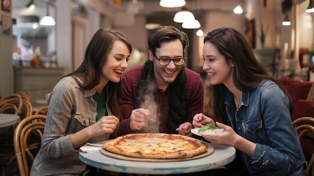 Photo three firends together eating pizza in a cafe