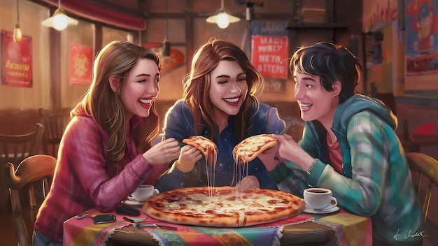 Photo three firends together eating pizza in a cafe