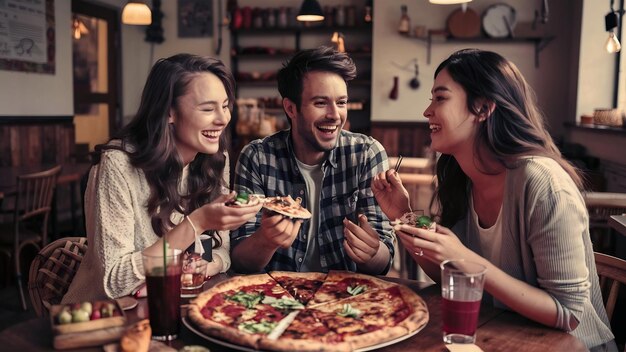 Photo three firends together eating pizza in a cafe