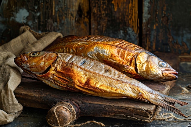 Three Fish Sitting on Cloth Covered Table