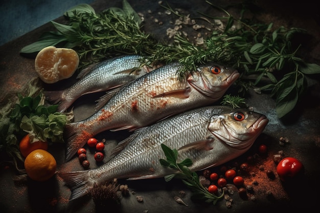 Three fish on a table with spices and lemons