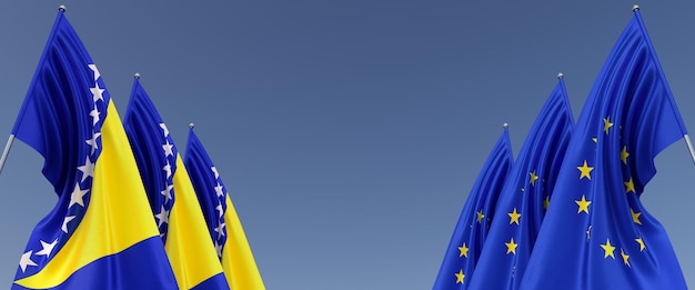 Three flags of the European Union and Bosnia and Herzegovina on flagpoles on the sides Flags on a blue background Place for text EU Europe Sarajevo Commonwealth 3D illustration