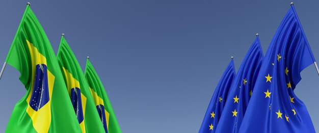 Three flags of the European Union and Brazil on flagpoles on the sides Flags on a blue background Place for text EU Europe South America Commonwealth 3D illustration