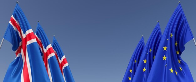 Three flags of the European Union and Iceland on flagpoles on the sides Flags on a blue background Place for text EU Europe Reykjavik Commonwealth 3D illustration