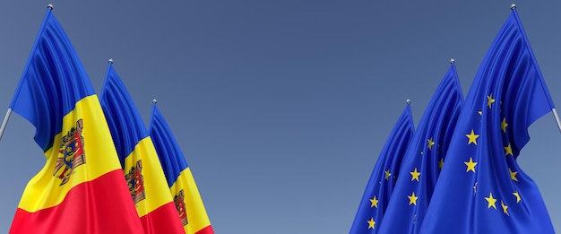 Three flags of the European Union and Moldova on flagpoles on the sides Flags on a blue background Place for text EU Europe Chisinau Commonwealth 3D illustration