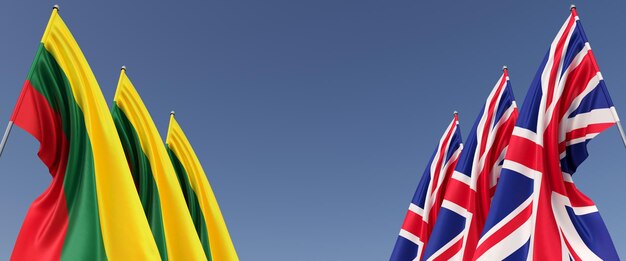 側面の旗竿にイギリスとリトアニアの3つの旗青い背景の旗テキストの場所イギリスロンドンイギリスビリニュス連邦3Dイラスト