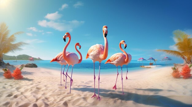 Three flamingos standing on a beach with palm trees and blue water generative ai