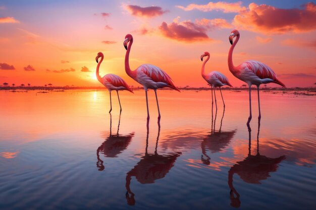 Three flamingos standing gracefully in the water creating a serene and beautiful scene at sunset A flock of flamingos standing in crystal clear water during sunset AI Generated