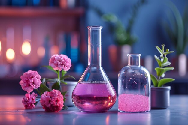 핑크색 액체와 꽃으로 가득 찬 세 병의 생성 AI