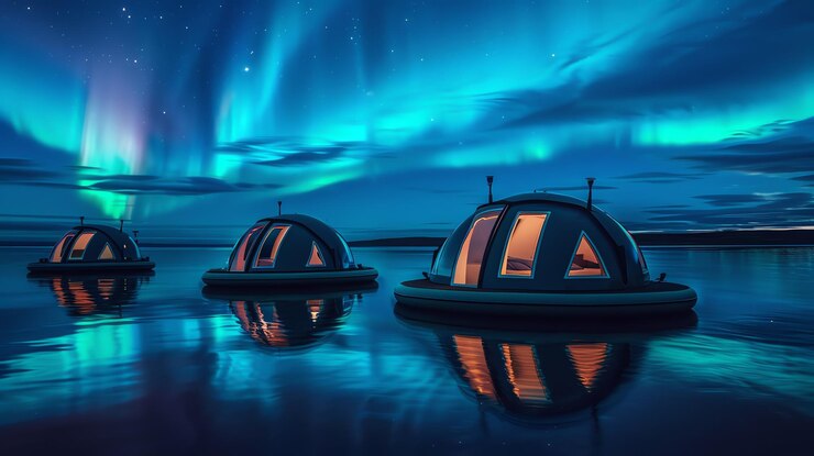 Three floating cabins with glowing windows under the aurora borealis