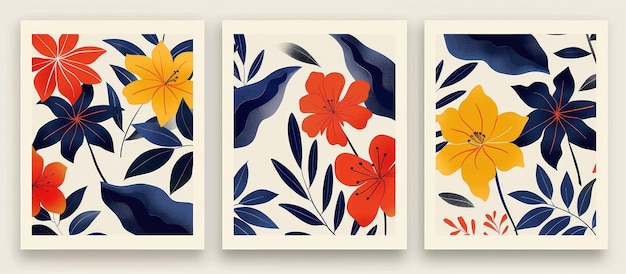 three floral patterns with yellow red and blue hues