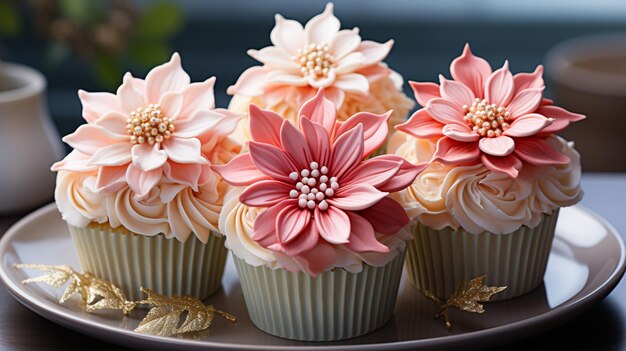 Foto tre torte a forma di fiore dal sapore dolce