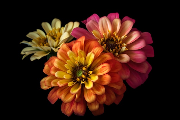 Three flowers are on a black background