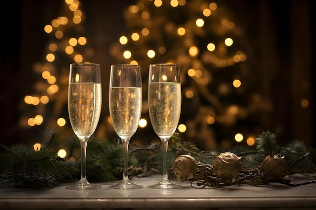 Three Flutes of Champagne on a Table Next to a Christmas