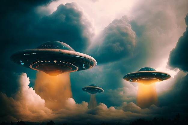 Three flying saucers in the sky under cloudy sky Generative AI