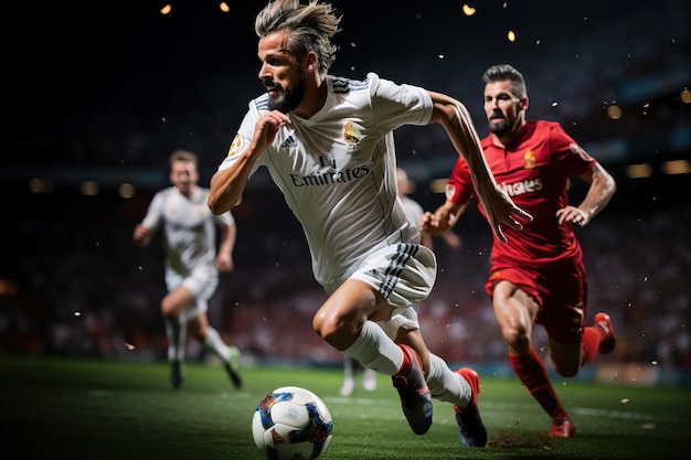 Three football players running in professional soccer match One white uniform two red uniforms