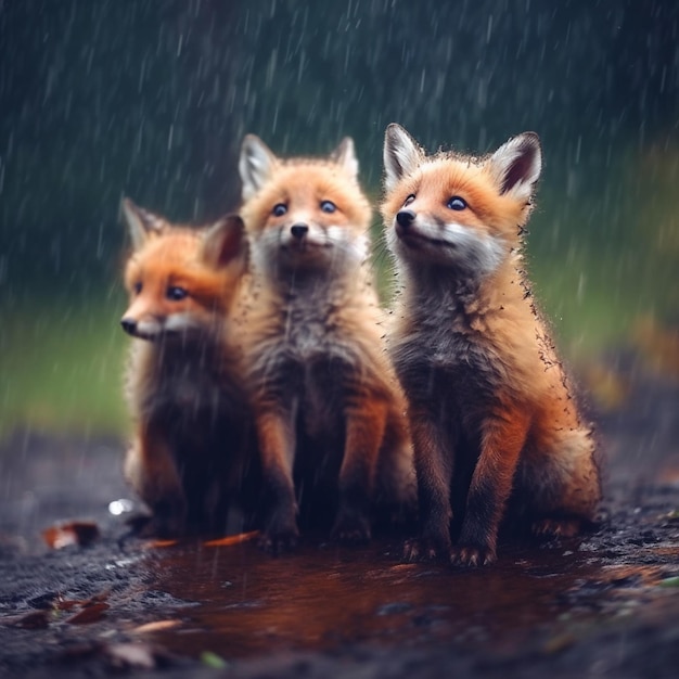 Foto tre volpi seduti sotto la pioggia in una foresta generativa ai