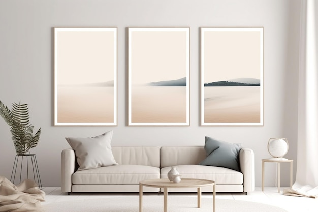 Three framed art pieces on a wall with a white couch and a coffee table.