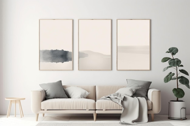 Three framed art prints on a wall with a couch and a couch.