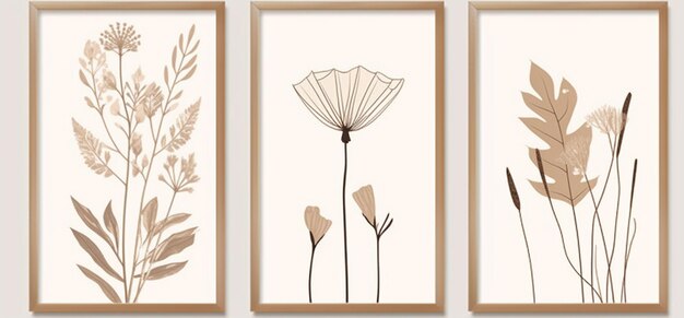 Photo three framed art prints with flowers and plants on them generative ai