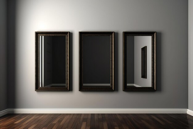 Three framed mirrors are hanging on a wall, one of which is a mirror.