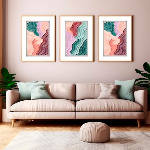 Three framed paintings hang on a wall above a couch.