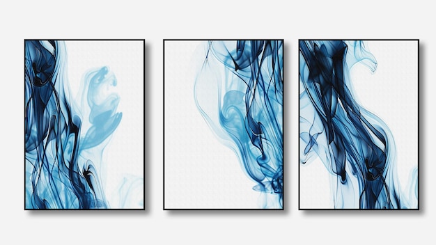 three framed pictures of blue and black lines on a white background